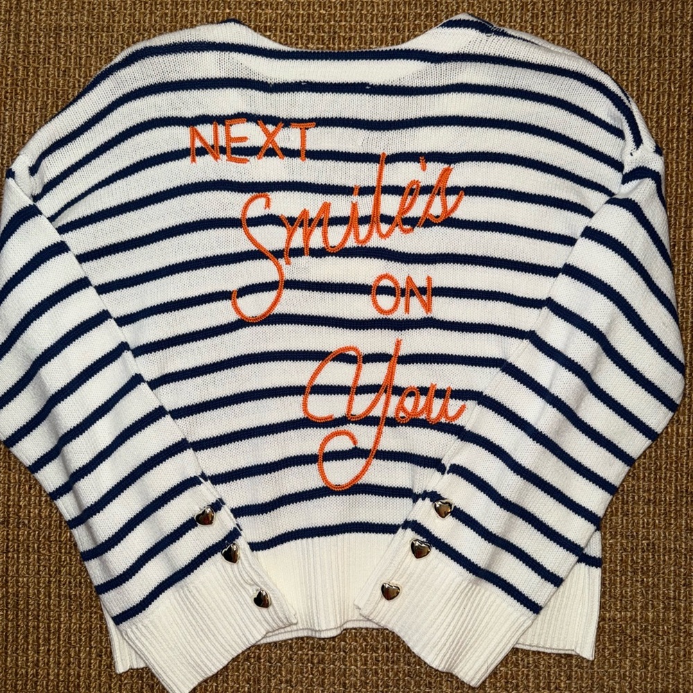NWT Kerri Rosenthal Next Smile’s On You Blue White Stripe Pullover Sweater M
